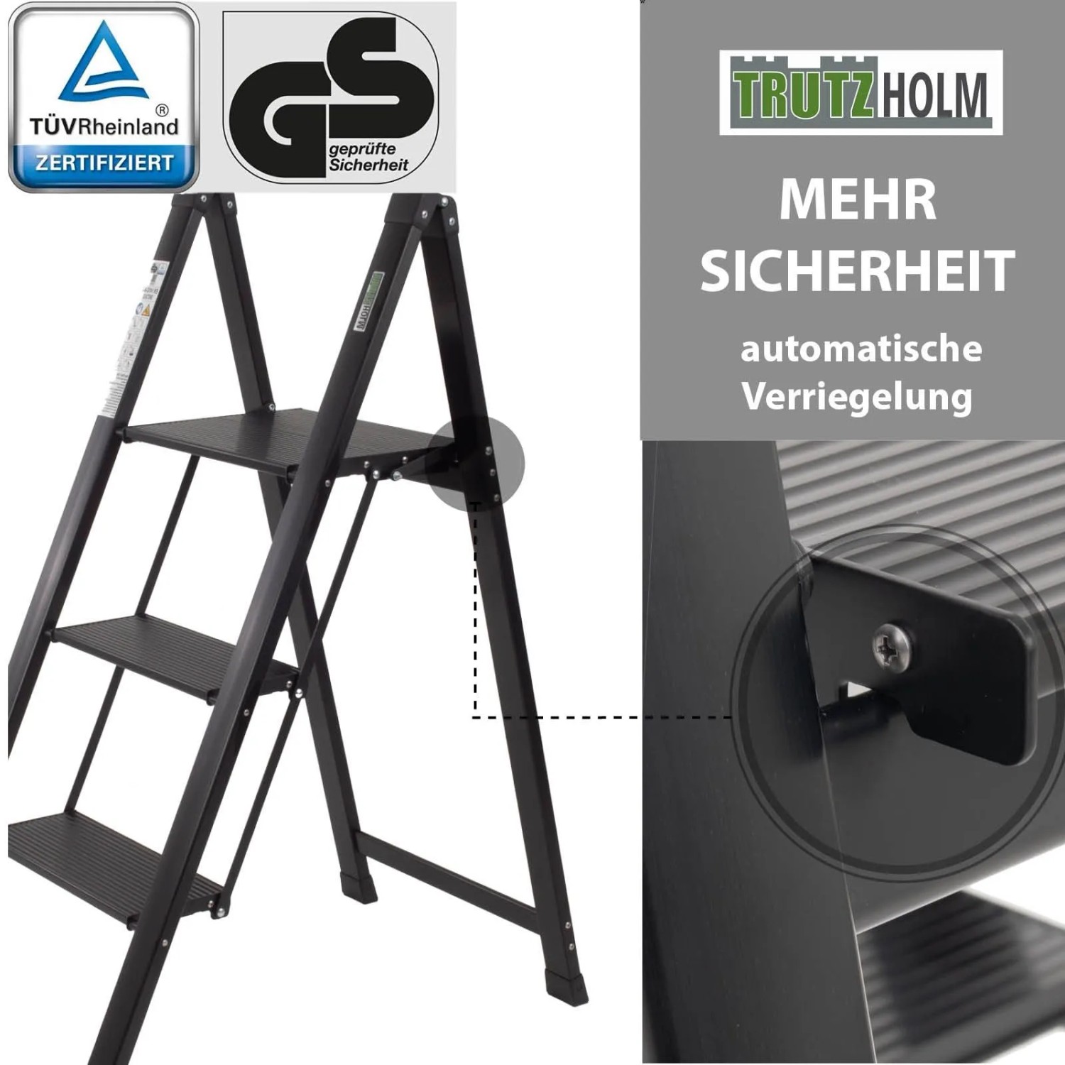 TRUTZHOLM Alu Trittleiter, 3 Stufen, klappbar, schwarz, mit Anti-Rutsch-Trittflächen und TÜV GS Siegel.