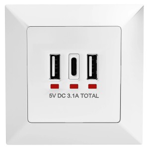 Weiße hb-digital Wandsteckdose mit 2 USB-A und 1 USB-C Ports für Elektroinstallation.