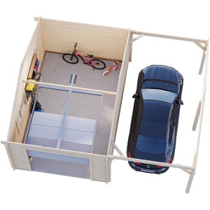 Palmako Garage Roger mit Sektionaltor, naturbelassen, mit Auto, Fahrrad und Spielzeug von oben.