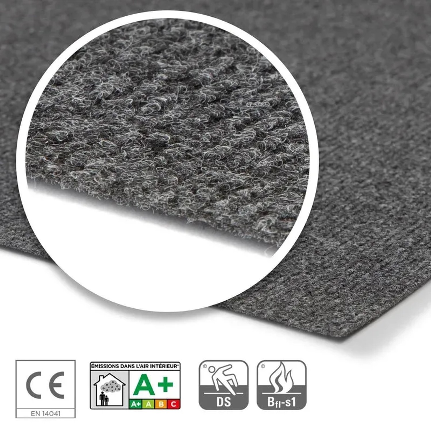 Dunkelgrauer KARAT Messeteppich Sintra mit Rippenstruktur, Detailansicht und Zertifikate.