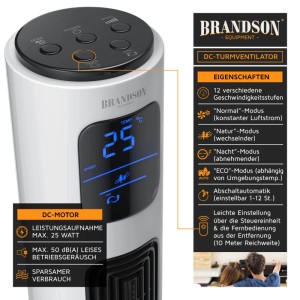 Brandson ECO Turmventilator mit Display, Fernbedienung und verschiedenen Modi.
