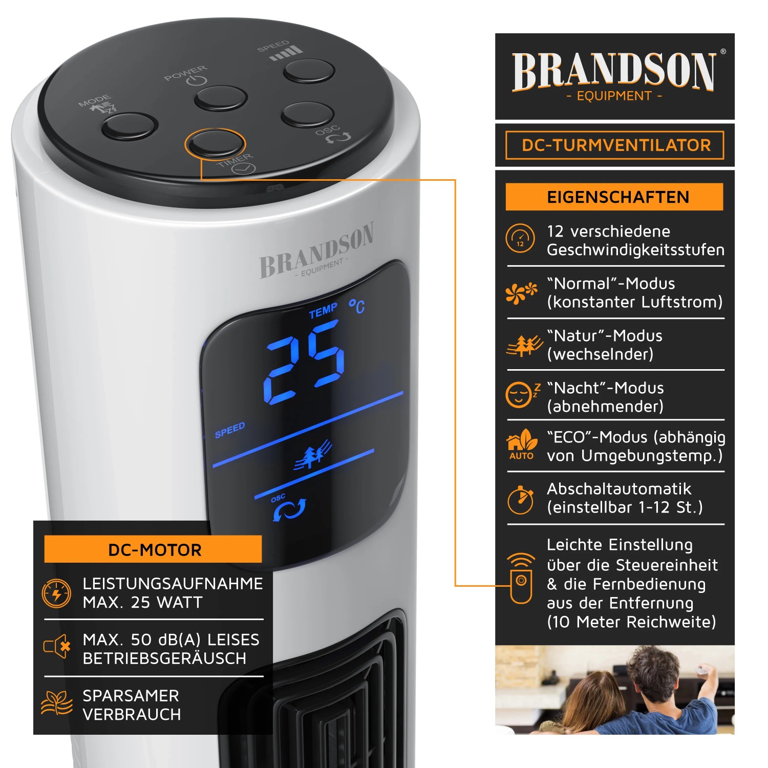 Brandson ECO Turmventilator mit Display, Fernbedienung und verschiedenen Modi.