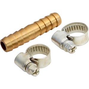 Reparaturröhrchen (10 mm) aus Messing mit zwei Schlauchschellen zur Schlauchreparatur.