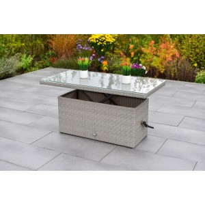 Rechteckiger Merxx Gartentisch Chicago, 60x46 cm, mit Glasplatte und grauem Rattan-Look.