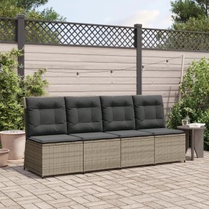 Modulare Poly Rattan Gartenmöbel mit grauen Kissen für vier Personen auf Terrasse. Ideal für Lounge-Bereiche.