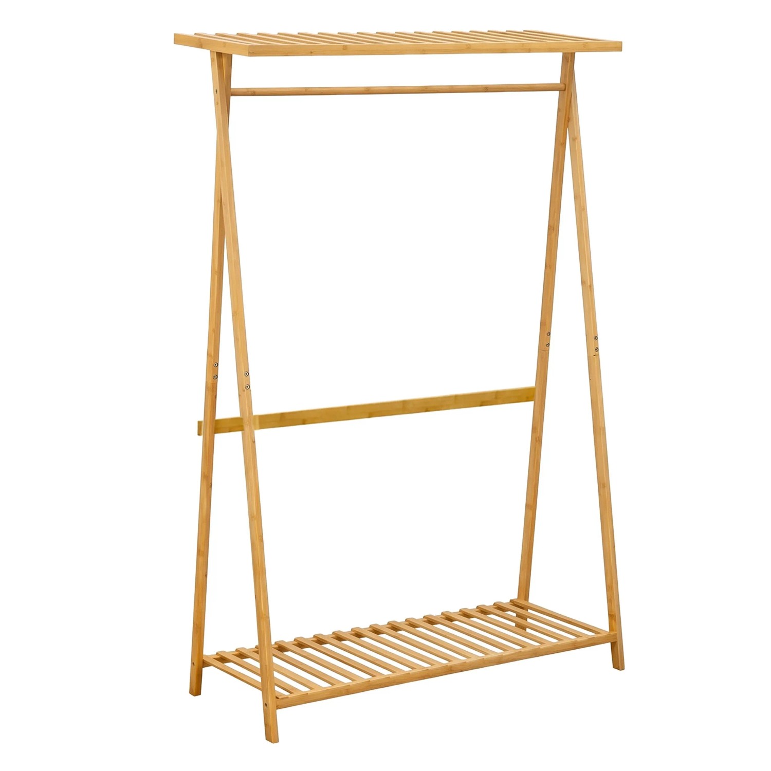 Relaxdays Kleiderständer Bambus Natur mit Bodenablage mit 9 Haken 148 cm x 100 cm x 30 cm 6 kg