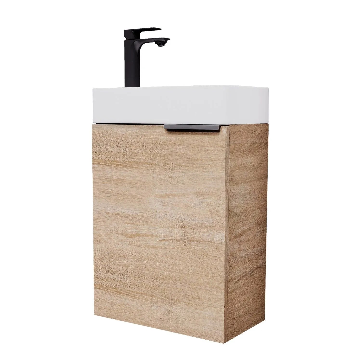 Planetmöbel Waschbeckenunterschrank 40 cm Sonoma Eiche mit Keramikwaschbecken Armatur Schwarz Soft Close