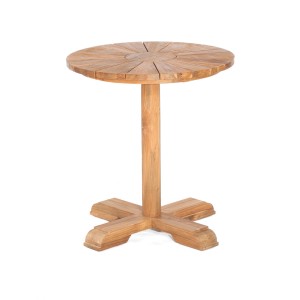 Naturfarbener Solis Gartentisch aus Teakholz mit runder Tischplatte und Kreuzfuß.