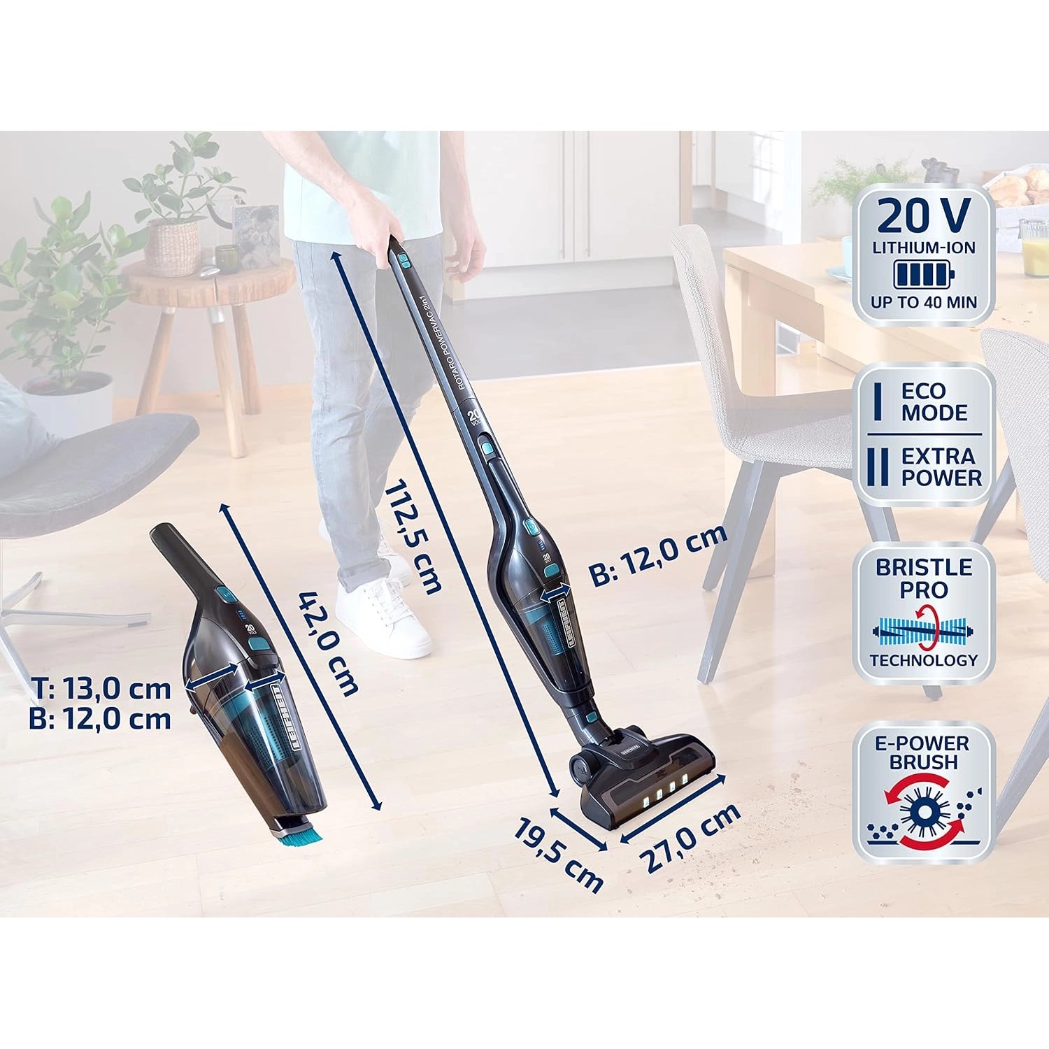 Leifheit Akku Staubsauger Rotaro PowerVac 2in1, kabelloser Handstaubsauger mit Zubehör und Maßen.