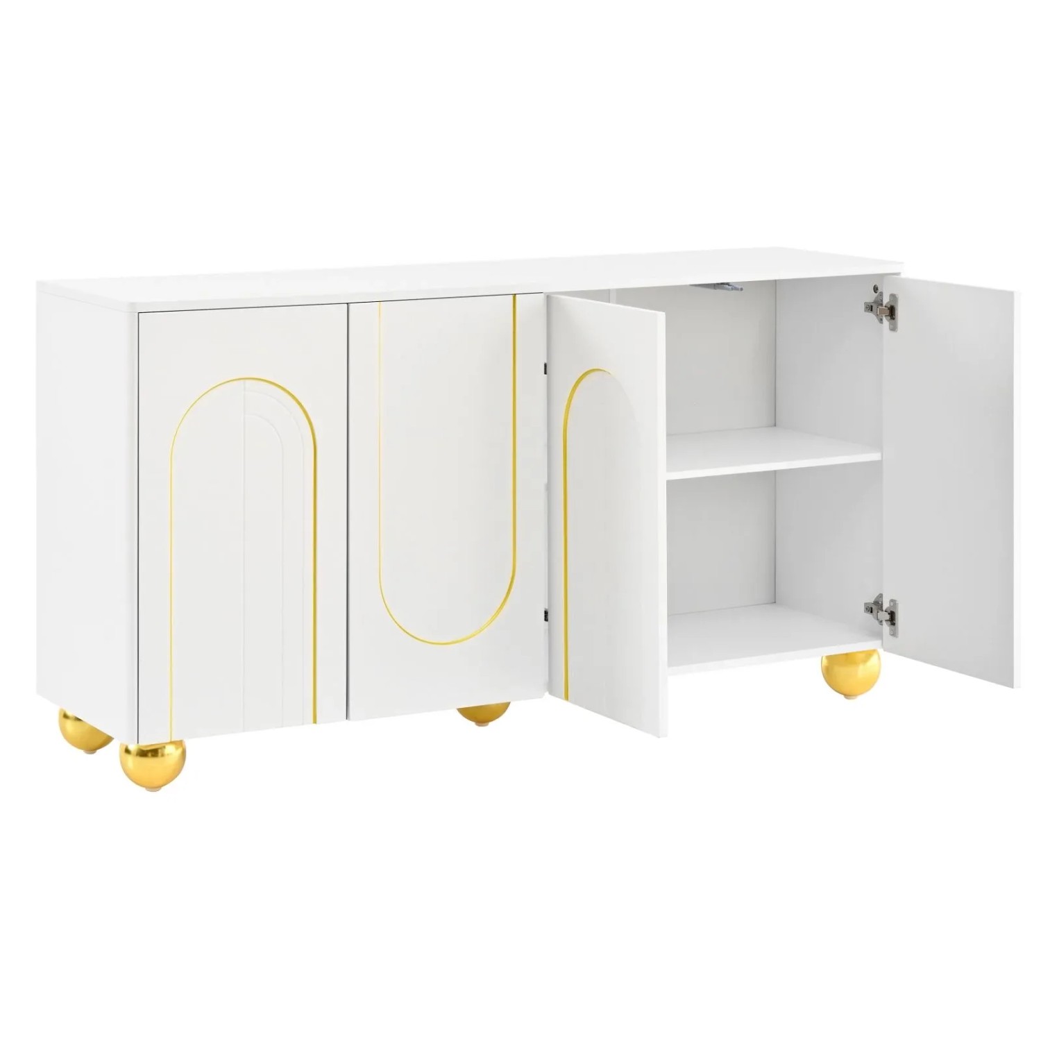 PXloue Sideboard 140x40x74 cm Weiß Wohnzimmerschrank mit 4 Türen Goldbogen Metallfüßen