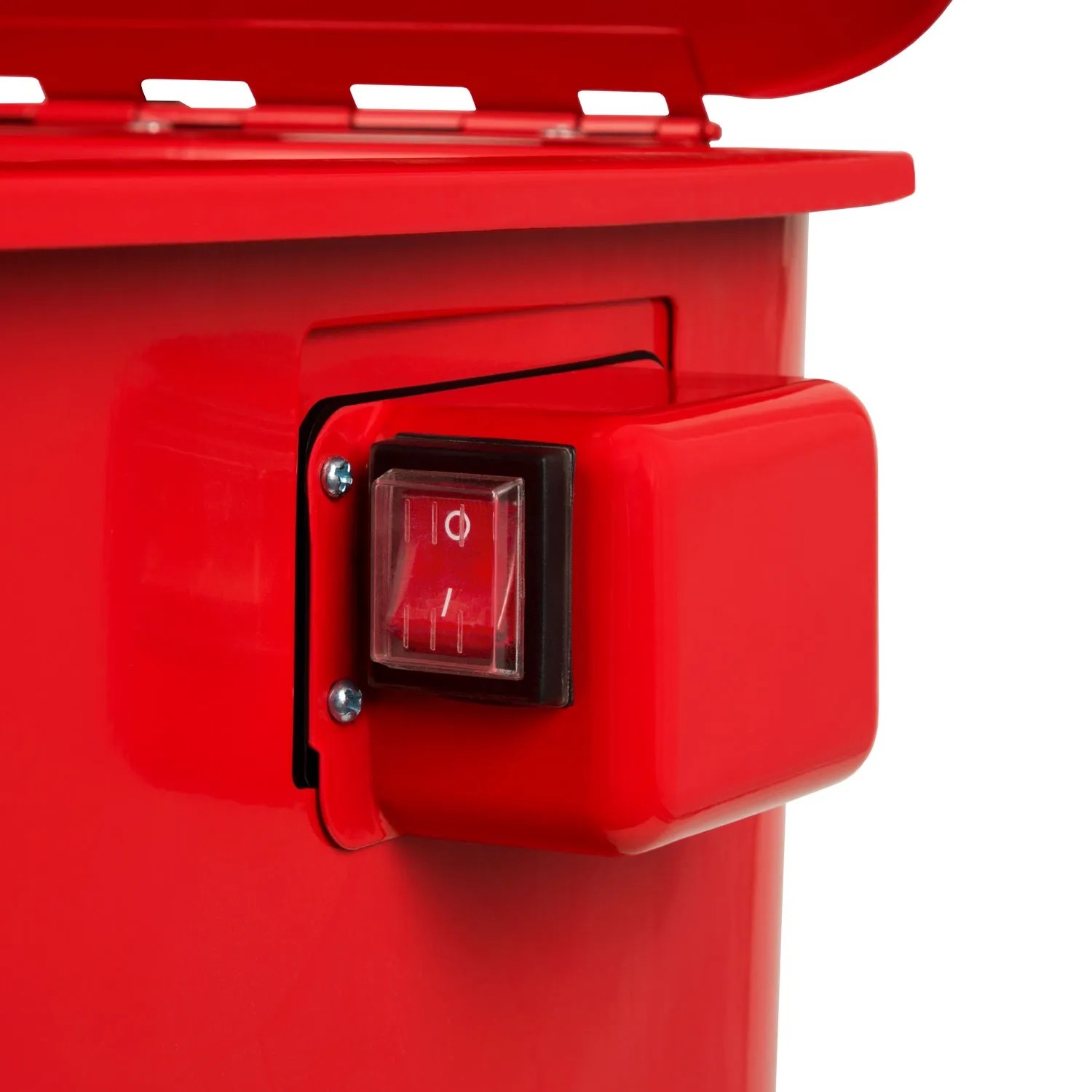 Detailaufnahme: Rotes EBERTH Teilewaschgerät mit Schalter. Ideal für Werkstattwagen.