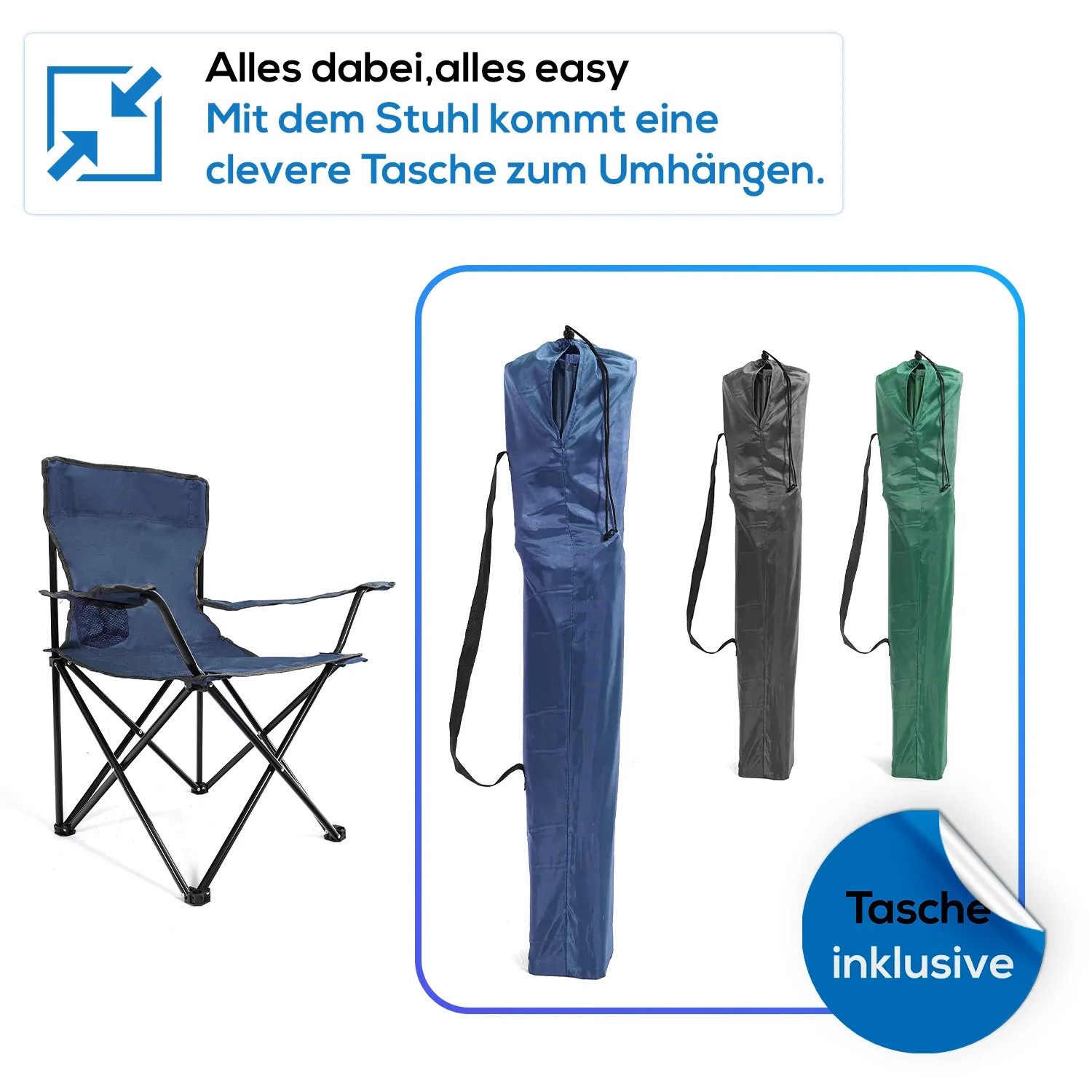 Blauer Campingstuhl mit Getränkehalter, faltbar, mit Tragetasche. Ideal für Outdoor-Aktivitäten.