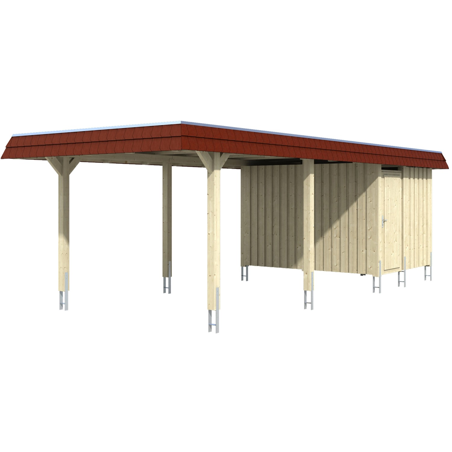 Skan Holz Carport Wendland Weiß + Anbau 362 x 870 cm EPDM-Dach Blende Rot