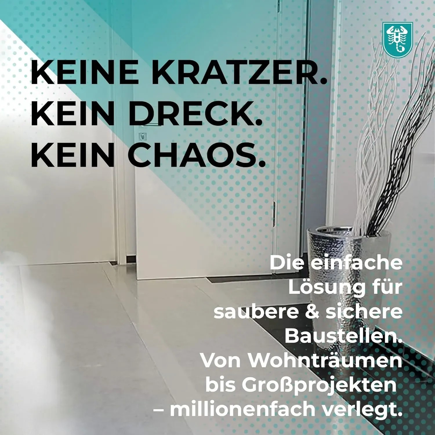 Selbsthaftendes Abdeckvlies zum Schutz von Böden und Treppen bei Renovierungsarbeiten.