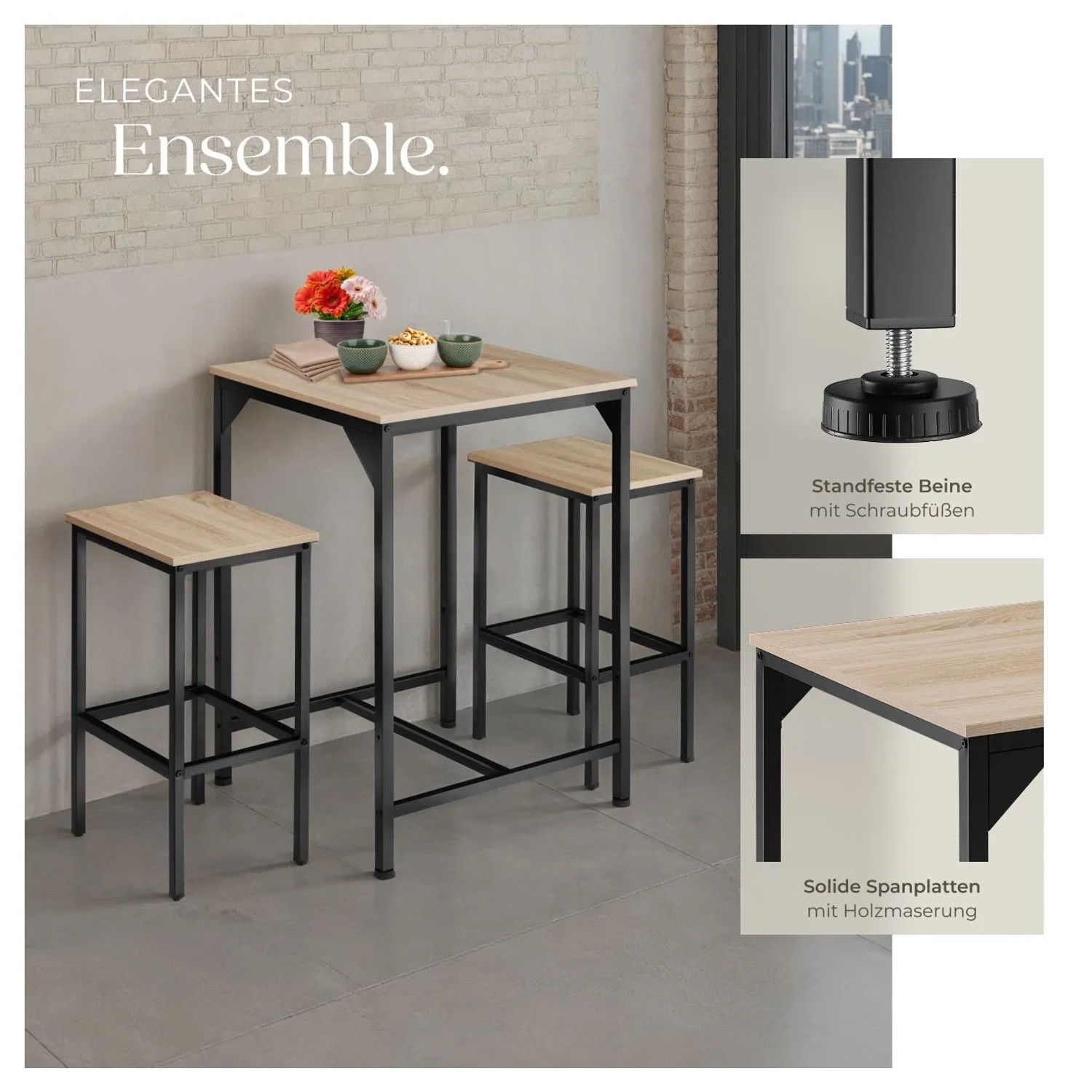 Tectake Barset Inverness 3 Teilig Tisch Mit 2 Hockern 120 x 60 x 91 cm Industrial Holz Hell Eiche Sonoma_3