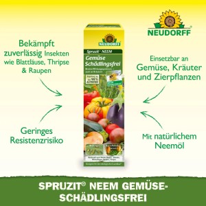 Neudorff Spruzit NEEM GemüseSchädlingsfrei, gelb-grüne Flasche. Bekämpft Insekten an Gemüse, Kräutern, Zierpflanzen. Mit Neemöl, nicht bienengefährlich.