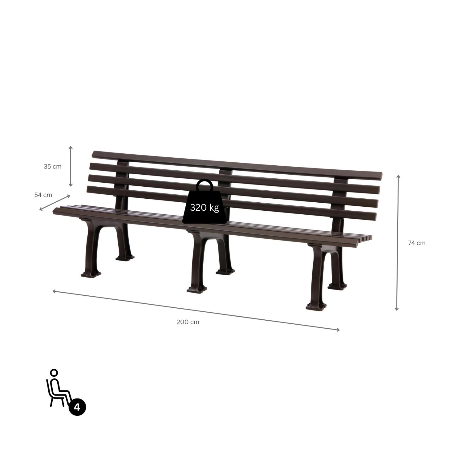 Braune PROREGAL Gartenbank Antigua für 4 Personen, aus witterungsbeständigem Kunststoff. Parkbank, Sitzbank.