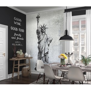 Raumansicht mit Erismann Fototapete Zooom Liberty mit Freiheitsstatue auf Putzwand.