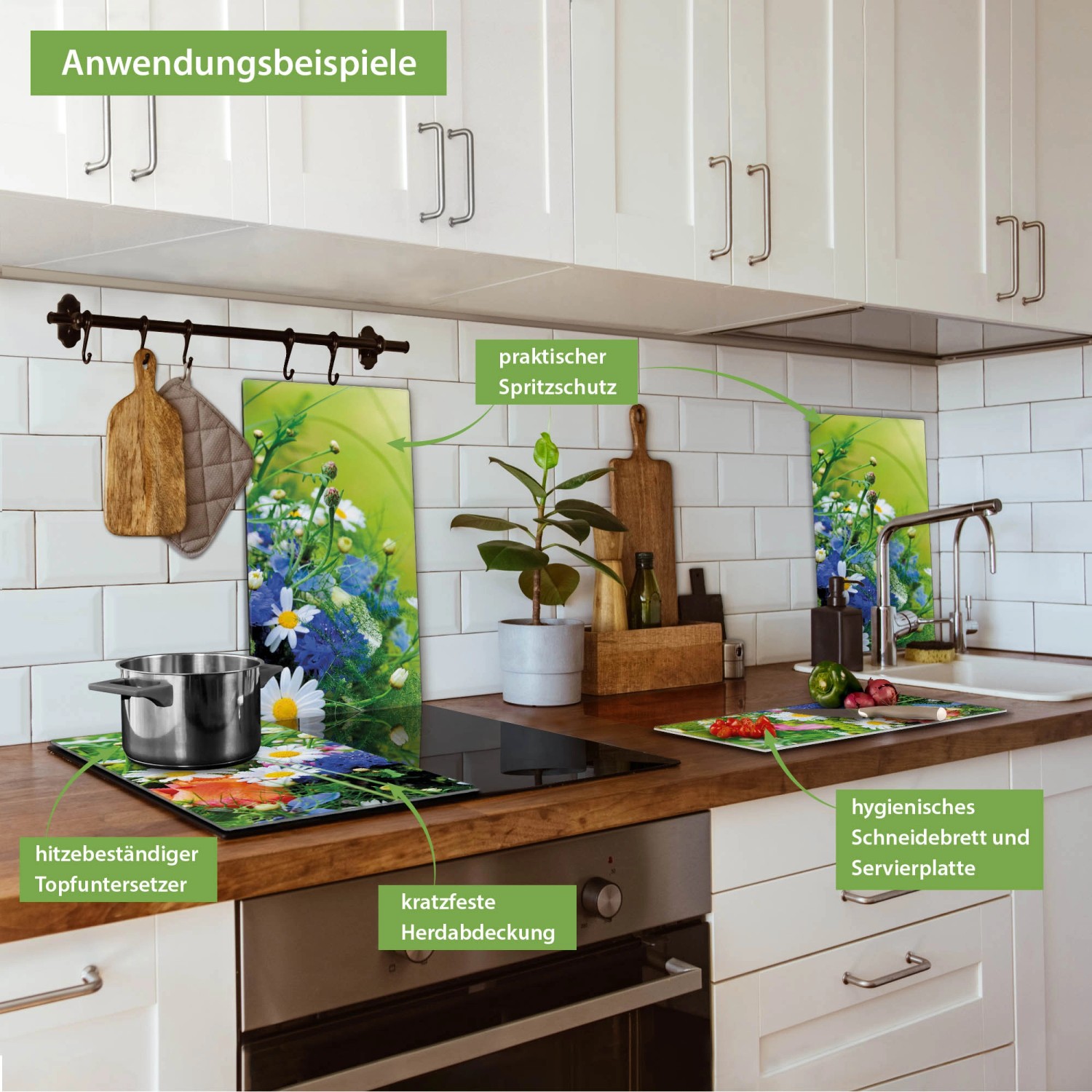 Banjado Herdabdeckplatten Glas mit Blumenstrauß als Schneidebrett und Spritzschutz in Küche.