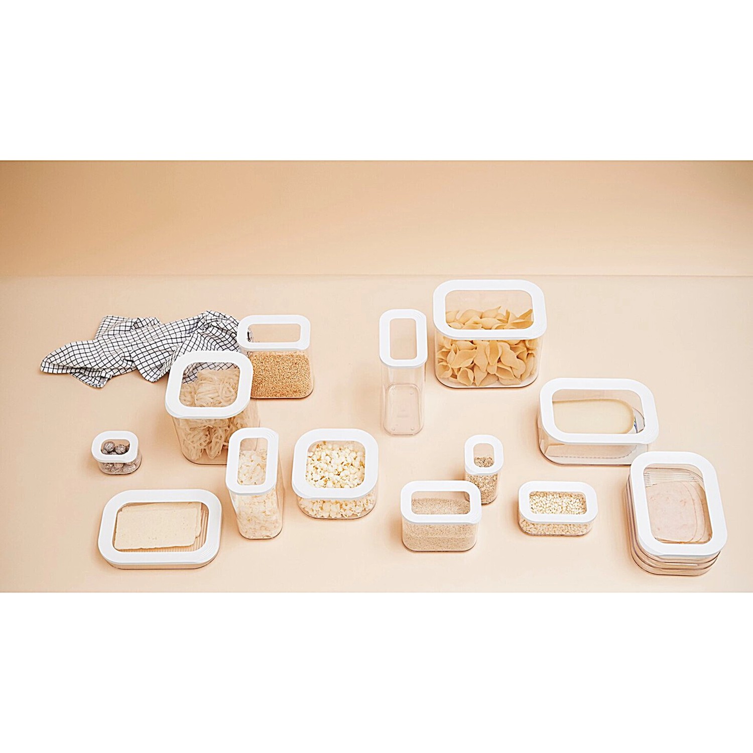 Mepal Modula Vorratsdosen-Set, 3-teilig, weiße Deckel, verschiedene Größen und Füllungen.