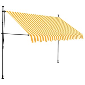 Handbetätigte, einziehbare Markise 300 cm, weiß-orange gestreift, mit Stahlrahmen und LED-Beleuchtung.