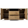 Merax Sideboard Eiche, 140cm, mit geöffneten Türen, 2 Schubladen und schwarzer Glasfront. Moderner Wohnzimmerschrank.