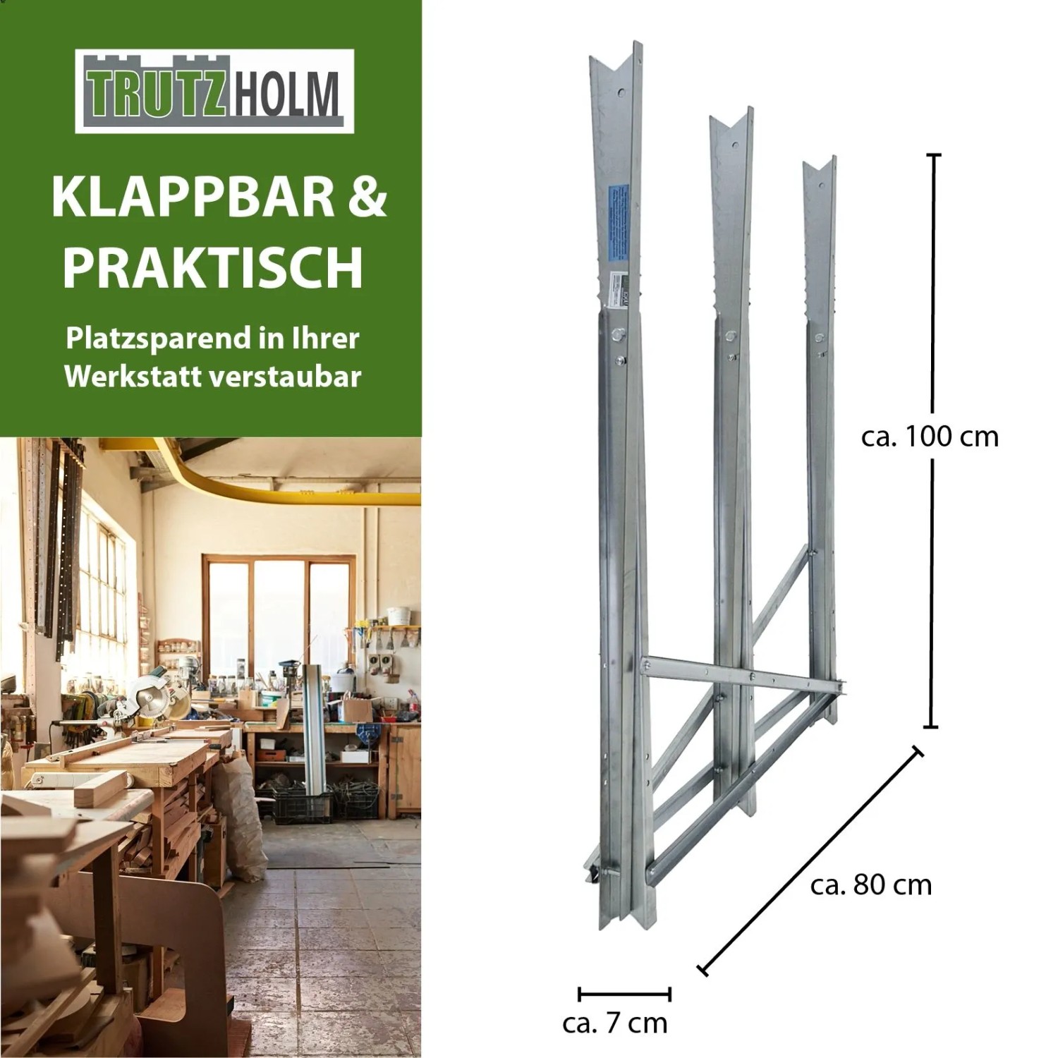 Zusammengeklappter TRUTZHOLM Holzsägebock aus verzinktem Stahl, ideal zur platzsparenden Aufbewahrung.