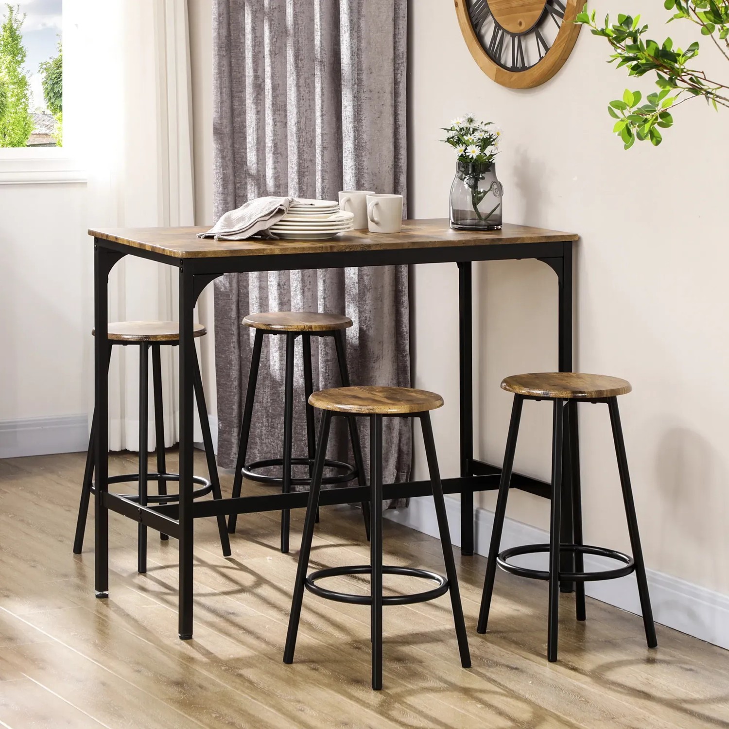 HOMCOM Bartisch mit 4 Barhockern im Industrie Design, rustikal braun.