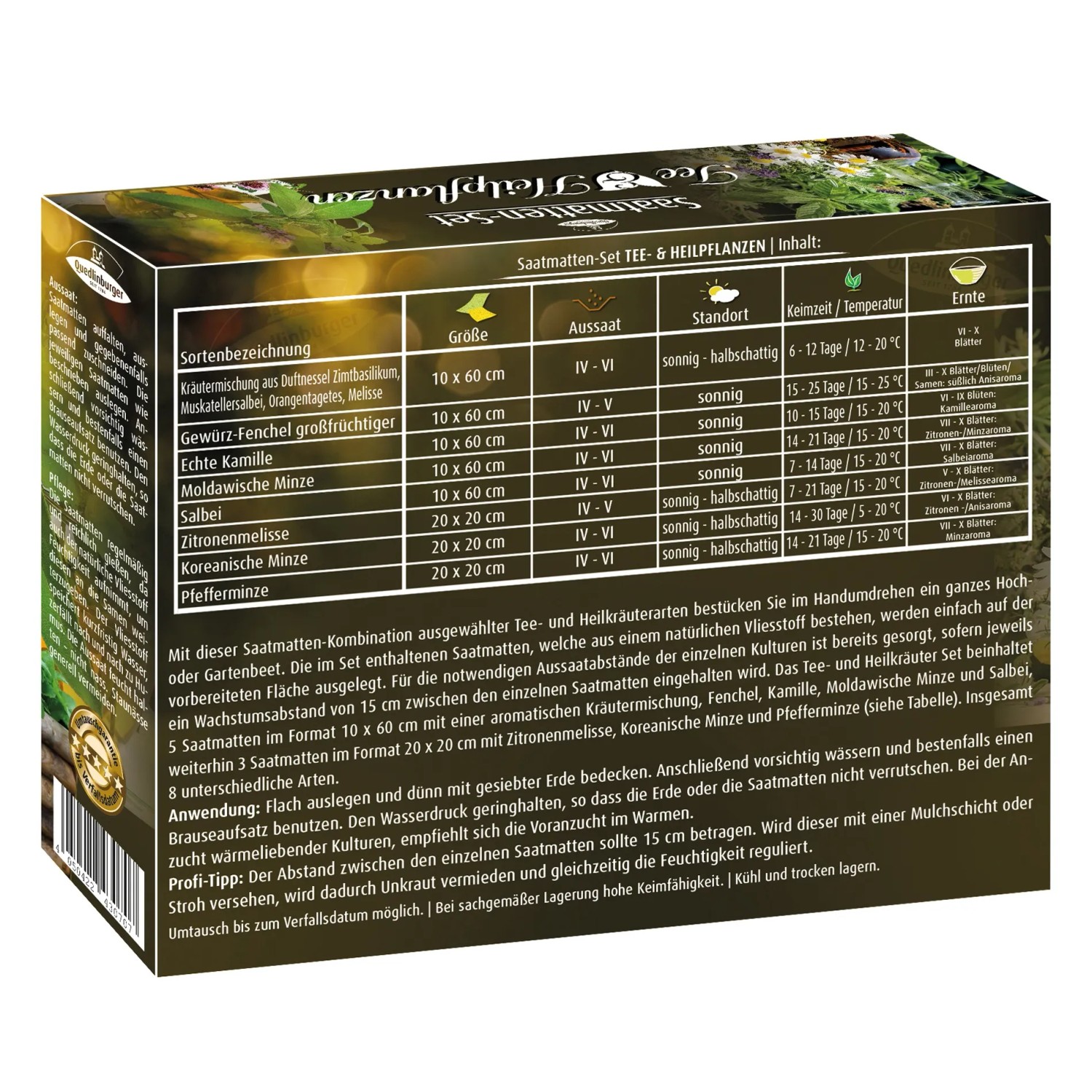 Quedlinburger Saatmatten Tee- & Heilpflanzen: 8 Saatmatten mit Kräutermix, Fenchel, Kamille, Minze, Salbei, Melisse.