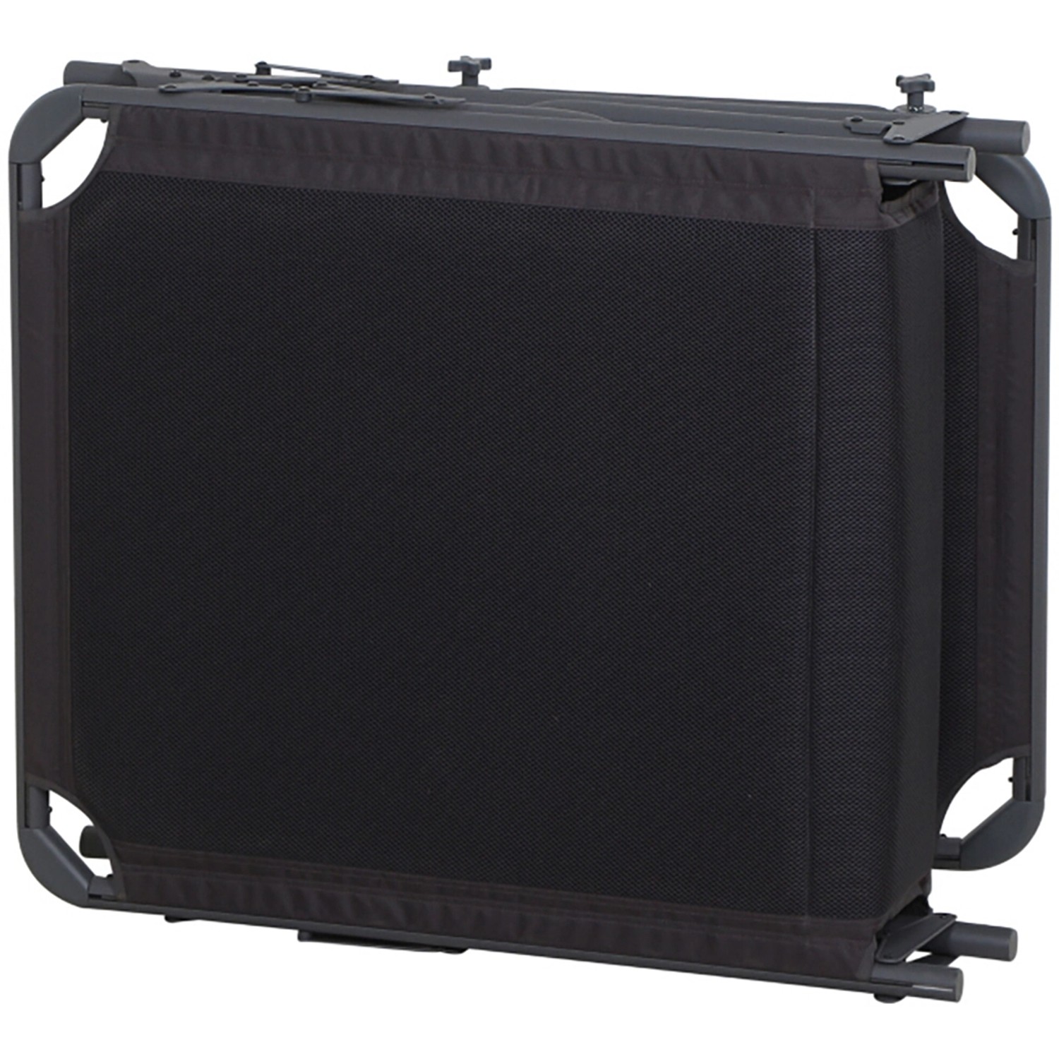 Zusammengeklappte, anthrazitfarbene Siena Garden Campingliege Premium aus Aluminium und AirMesh.