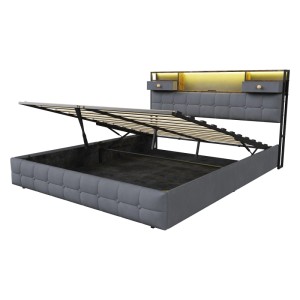 Graues Polsterbett 140x200 mit Stauraum, LED-Beleuchtung und USB-Anschlüssen. Jugendbett mit Bettkasten offen.