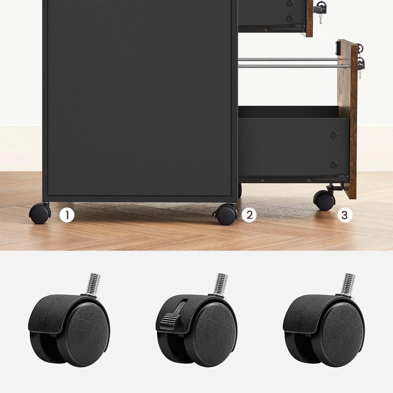 Vasagle Büroschrank im Industrie-Stil, braun-schwarz, mit Rollen und abschließbaren Schubladen.