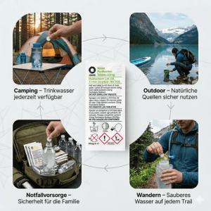 JUNG Oasis Wasseraufbereitung Tabletten & faltbarer Kanister im Einsatz: Camping, Outdoor, Wandern, Notfallvorsorge.