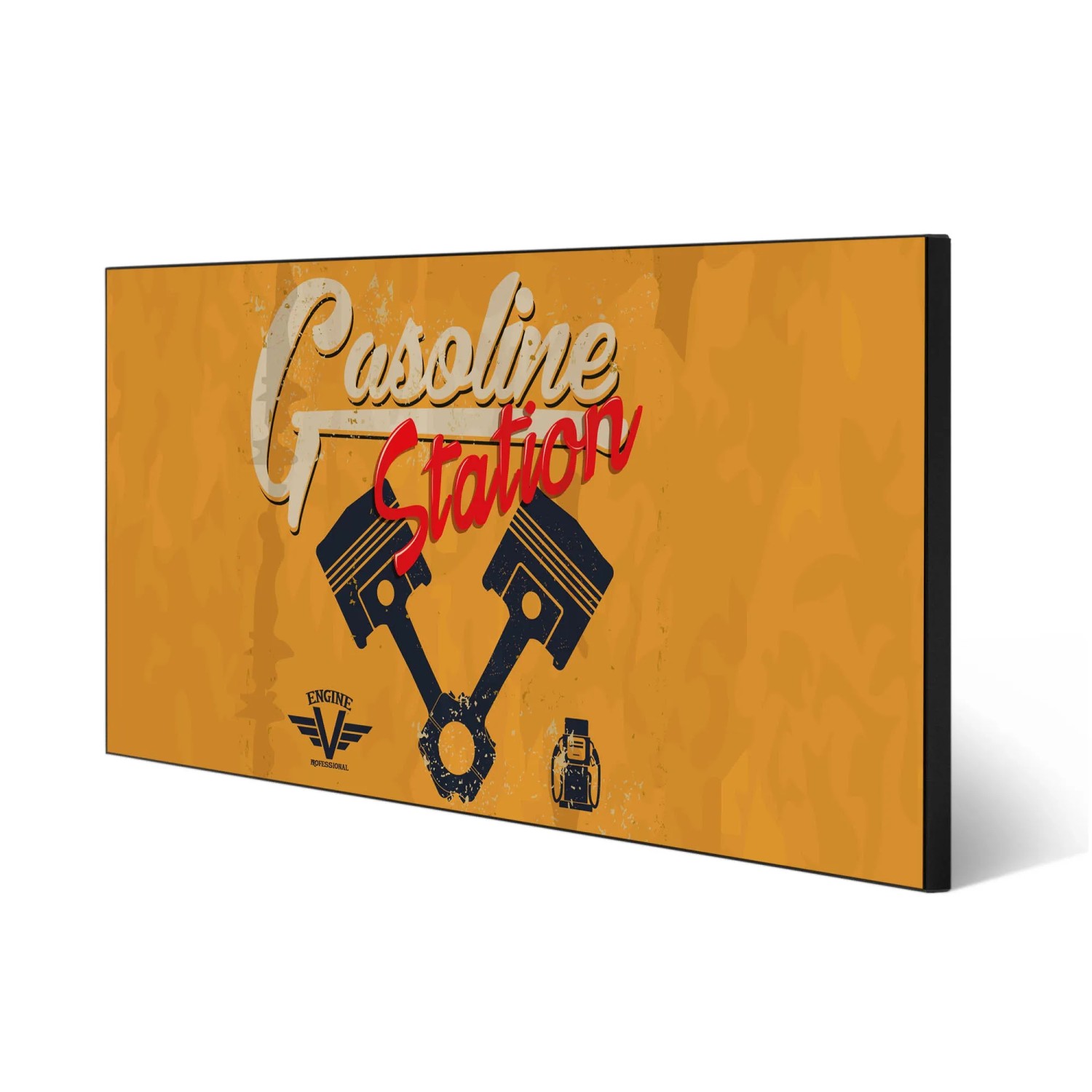 Schwarze Magnettafel (78x37cm) mit 'Gasoline Station' Motiv als Wanddekoration.
