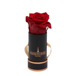 Rosenbox mit Bordeaux Rose in Schwarz-Roségoldener Box (Ø 5cm).