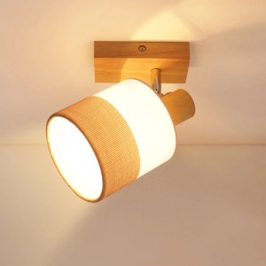 ZMH LED Deckenstrahler Vintage aus Holz mit schwenkbarem Leinen-Schirm, 1-flammig, E14.