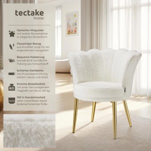 Tectake Sessel Stella, creme, mit flauschigem Kunstfellbezug, breiter Blütenform-Rückenlehne und goldenen Stahlbeinen.
