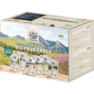 Wildes Land Bio Probierbox für Katzen, 6 x 85g Nassfutter mit verschiedenen Sorten.