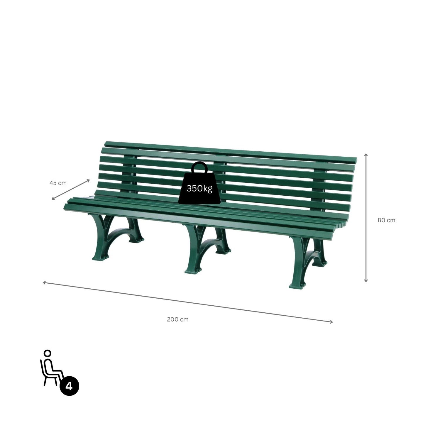 Grüne PROREGAL Gartenbank Jamaika für 4 Personen, 200 cm breit, aus witterungsbeständigem Kunststoff.