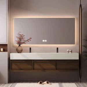 Modernes 360Home Doppelwaschbecken Set 130 cm mit Sinterstein Waschtisch, dunklem Unterschrank und LED Spiegel.