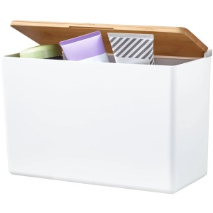 Weiße Tesa Baboo Aufbewahrungsbox X-Large mit Bambusdeckel, gefüllt mit Kosmetikprodukten.