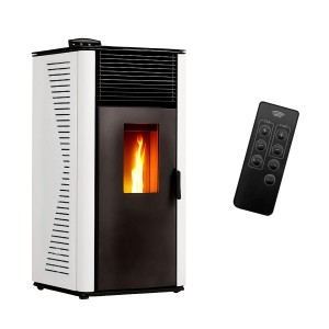 Weißer Sannover Pelletofen Anita 12,2 kW mit Flamme und Fernbedienung.