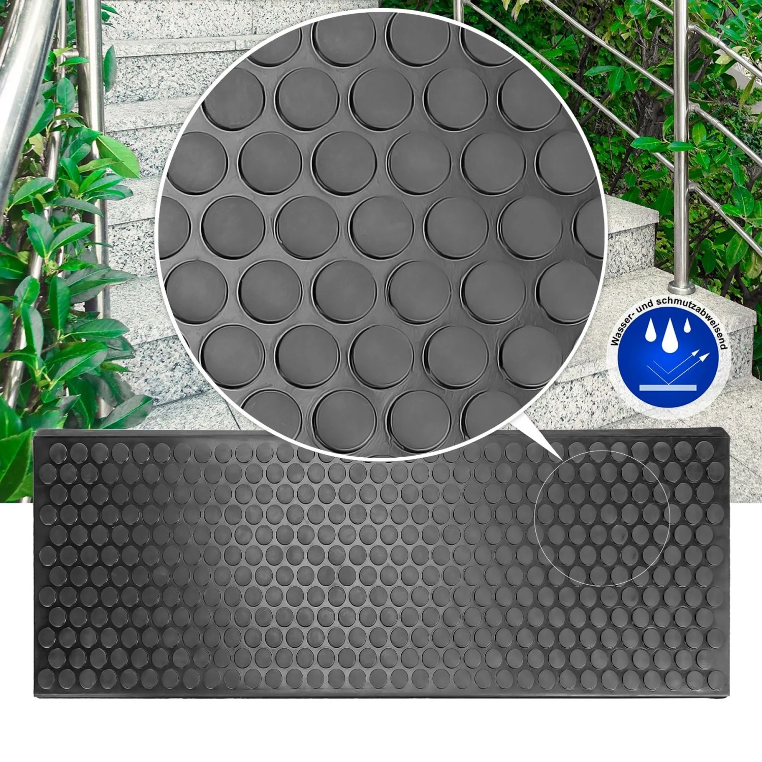 Dunkelgraue Gummi Stufenmatte mit Kreis Design auf Steintreppe. Rutschfest, wasser- und schmutzabweisend.