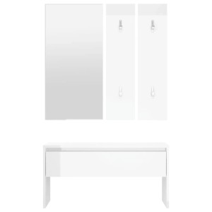 Modernes, weißes Flurmöbel-Set mit Bank, Spiegel und Garderobe. Holzwerkstoff mit Hochglanz-Finish.