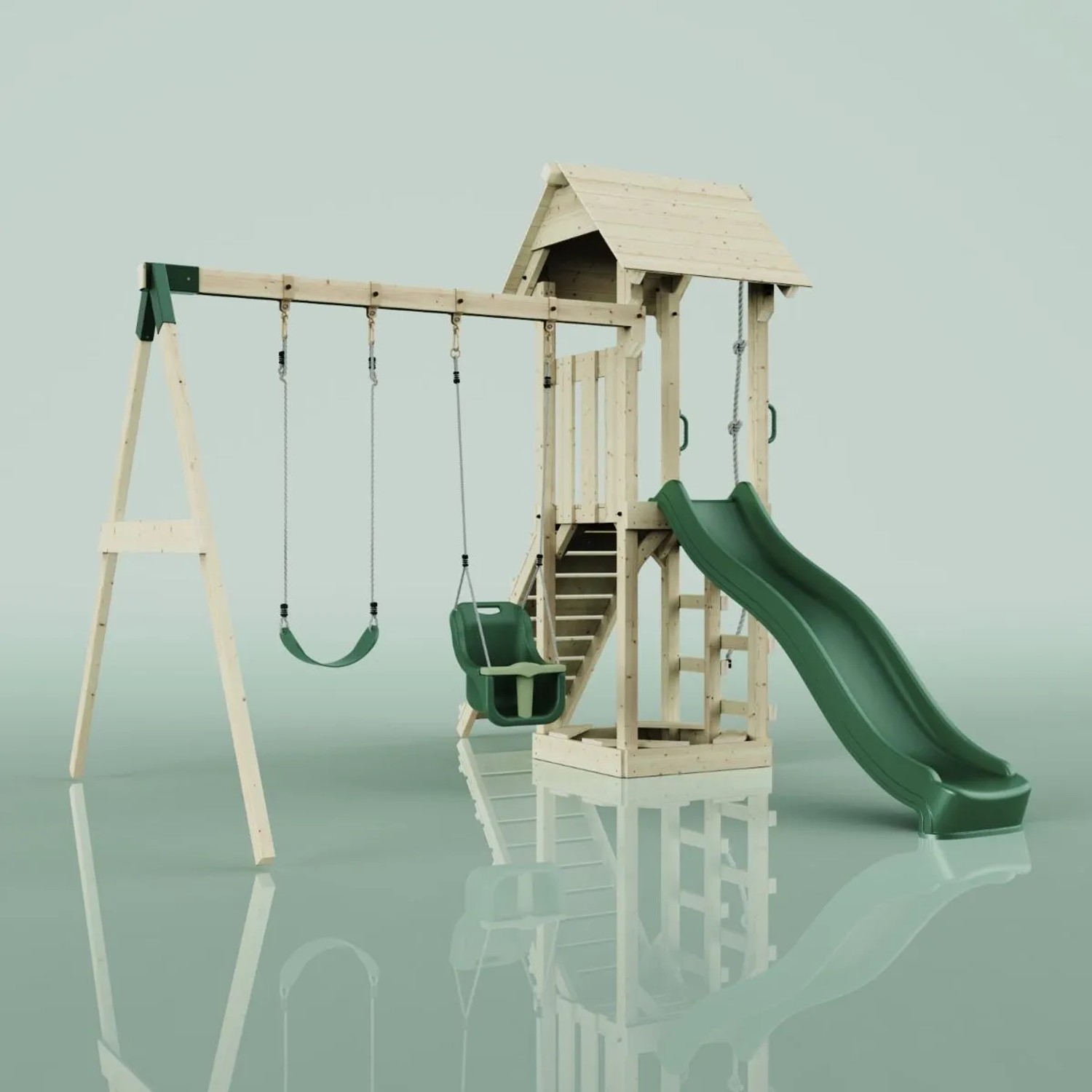 PolarPlay Spielturm Vimmerby mit Schaukel, Babyschaukel und grüner Rutsche.