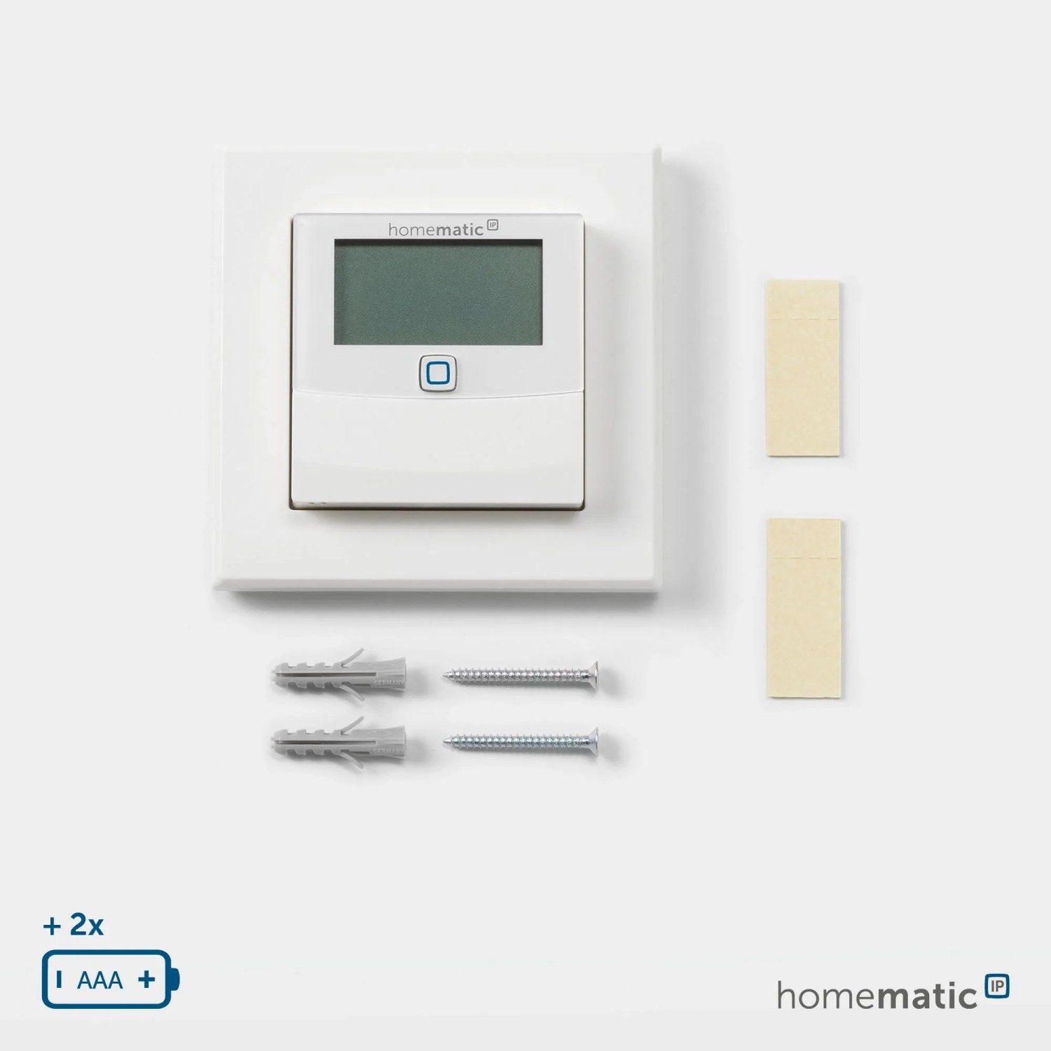 Homematic IP Temperatur- und Luftfeuchtigkeitssensor mit Display für Innenräume, inkl. Zubehör.