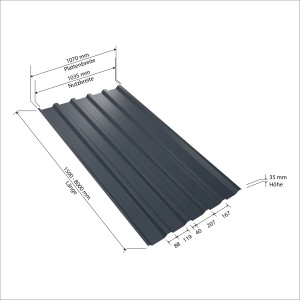 Anthrazitfarbenes Weckman Trapezblech W35 aus Stahl mit Maßangaben für Dachbau.