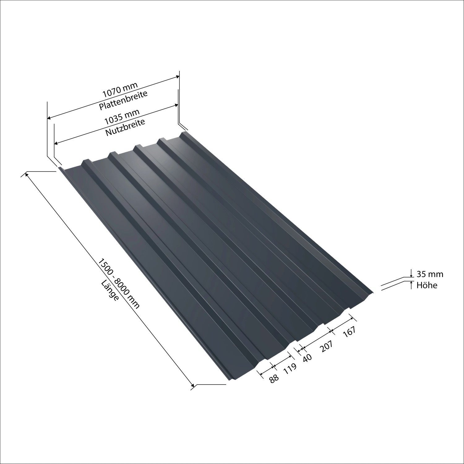 Anthrazitfarbenes Weckman Trapezblech W35 aus Stahl mit Maßangaben für Dachbau.