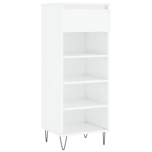 Hochglanz-weißer Schuhschrank mit Schublade und 4 Fächern, Metallfüße.