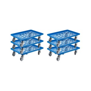 Blaue PROREGAL Transportroller für Euroboxen mit Gummirädern und Gitterdeck.